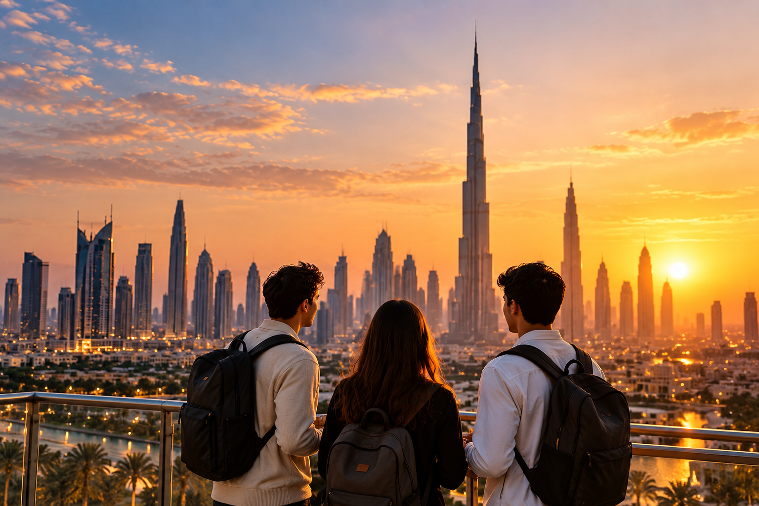 Students looking across the Dubai skyline